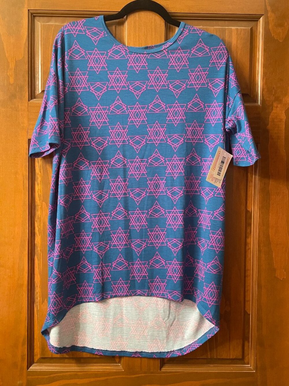 NWT LuLaRoe Irma Tunic - Pink Prisms set on Dark Teal Background - Size Small